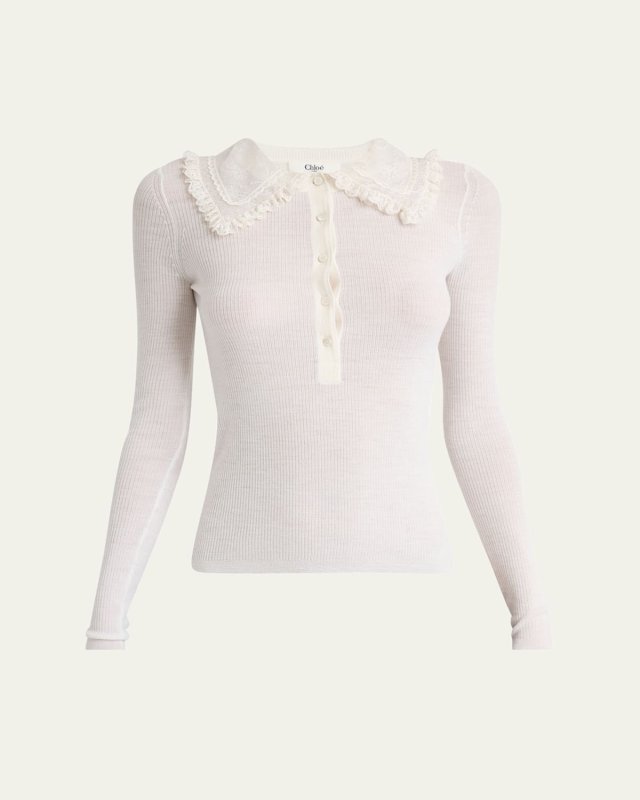 Lace-Collar Superfine Wool Rib Knit Top